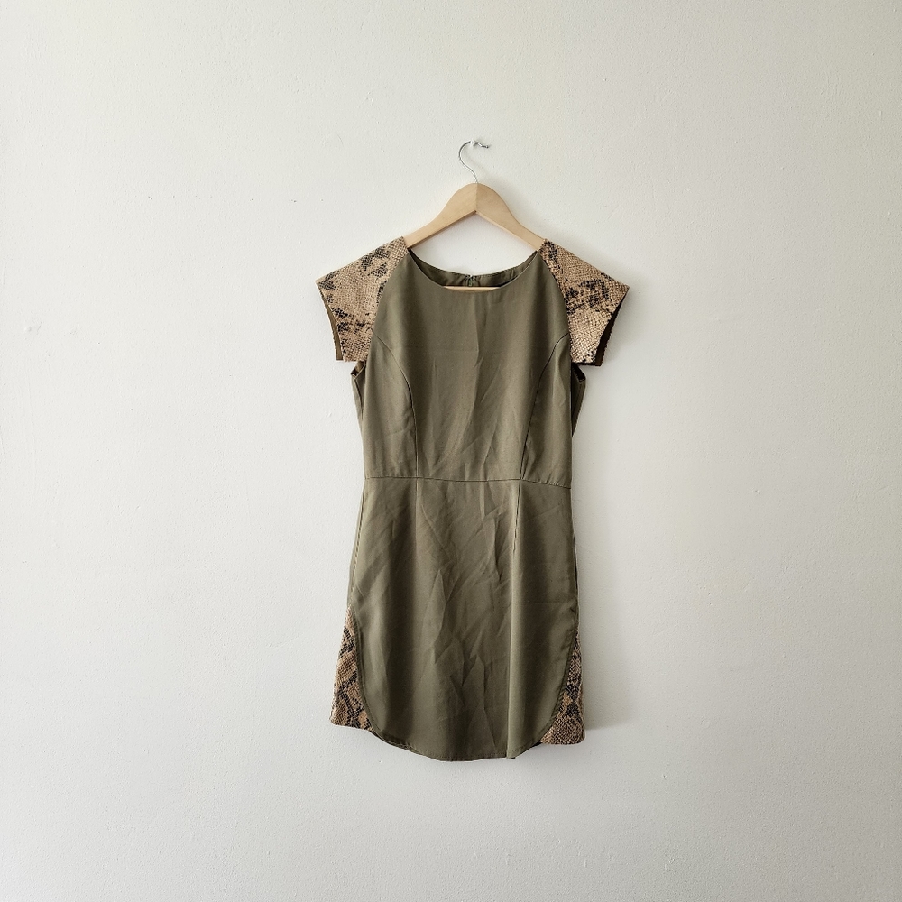 English Rose | Olive Green Dress with Faux Snake Print "Leather" Panels